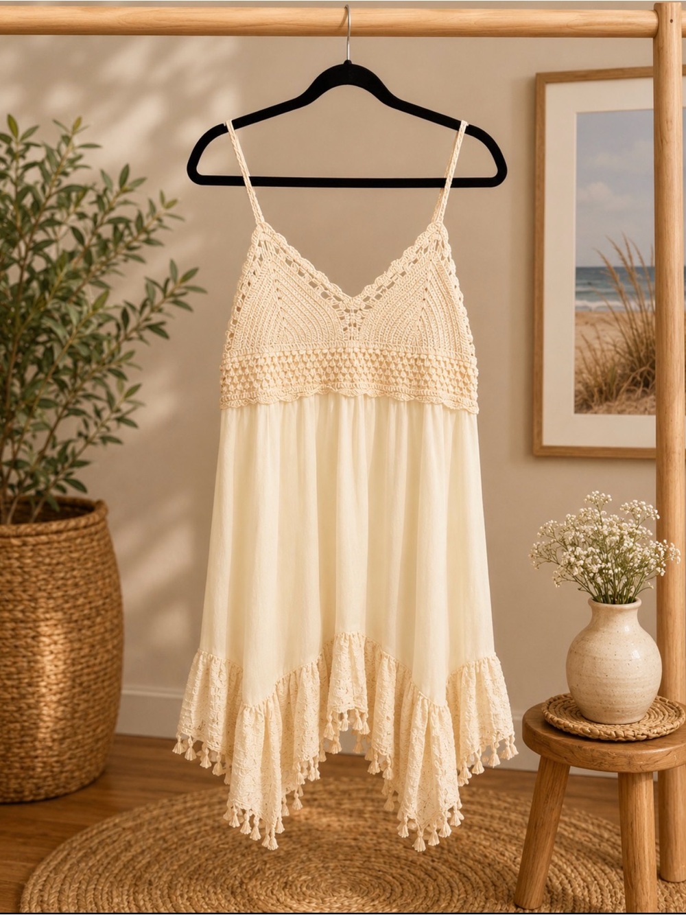 ADDCONFDT Cream Crochet Bodice Sundress Sz L P2P 18’ —NWT